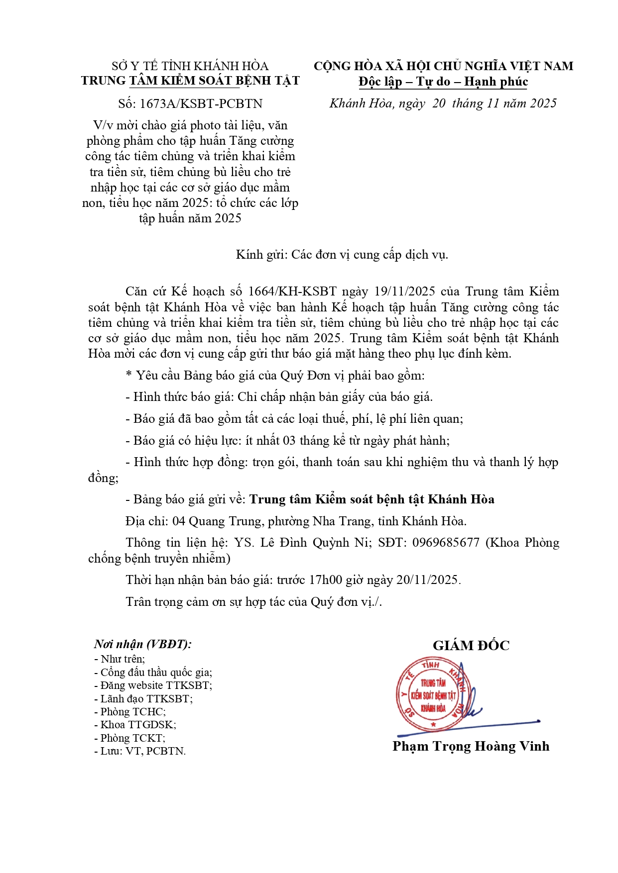 V/v mời chào giá photo tài liệu, văn phòng phẩm cho tập huấn Tăng cường công tác tiêm chủng và triển khai kiểm tra tiền sử, tiêm chủng bù liều cho trẻ nhập học tại các cơ sở giáo dục mầm non, tiểu học năm 2025: tổ chức các lớp tập huấn năm 2025